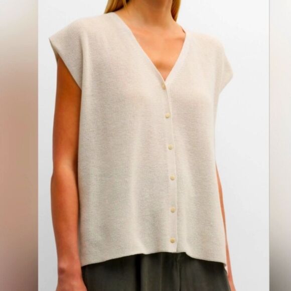 Eileen Fisher V-Neck Cap Sleeve Crepe Button Front Vest - Picture 8 of 8